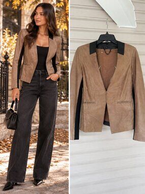 Bod Christensen Brown Taupe Leather Blazer Contrast Black Tailored Jacket 4